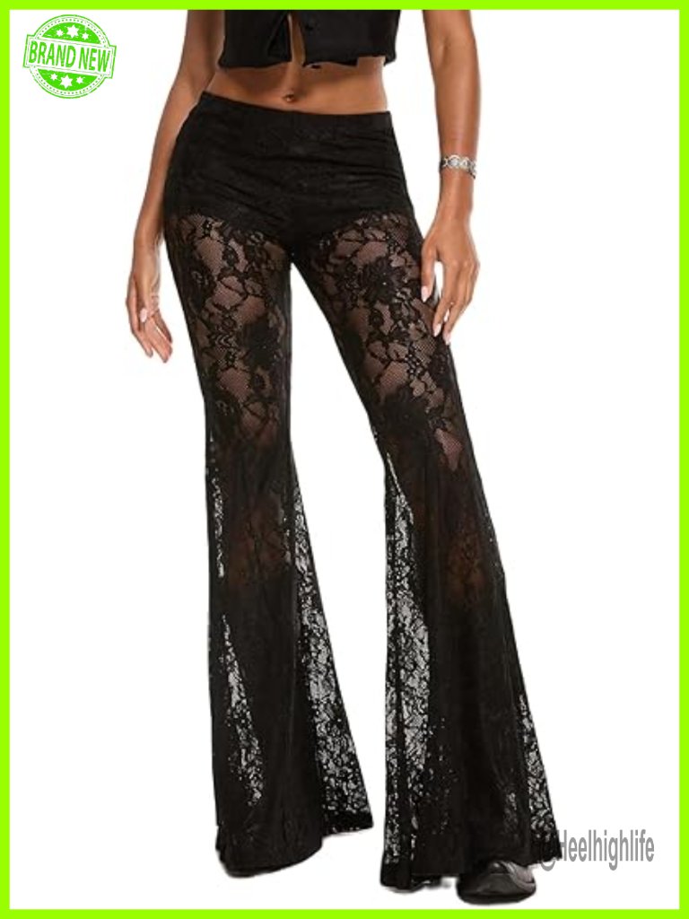 Sexy See Through Flare Bottom Lace Bell Leggings Mesh Cover Up Trousers Night
